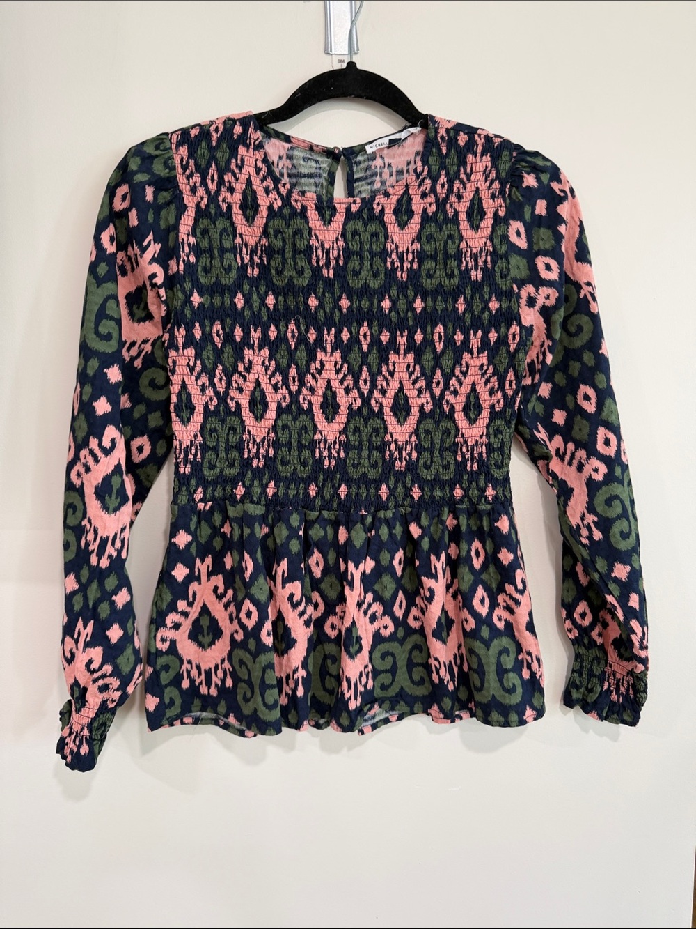 Smocked Peplum Blouse in Navy, Pink & Olive Print